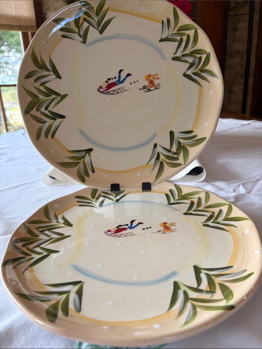 Clay Art Hand-Painted Olive Border Ceramic Dinner Plates